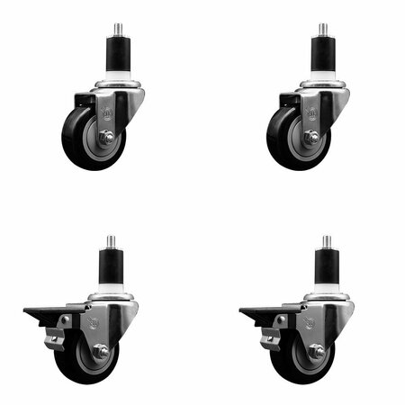 SERVICE CASTER 3'' Black Poly Wheel Swivel 1-1/2'' Expanding Stem Caster Set 2 Brakes, 4PK SCC-EX20S314-PPUB-BLK-2-PLB-2-112